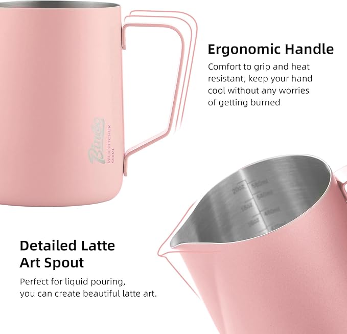 Pink Milk frother - 350ml/12OZ Milk Frothing Pitcher, Milk Frother Cup Espresso Steaming Pitcher for Barista, Bincoo 304 Stainless Steel Espresso Steaming Pitchers for Latte Art/Cappuccino/Coffee/Milk