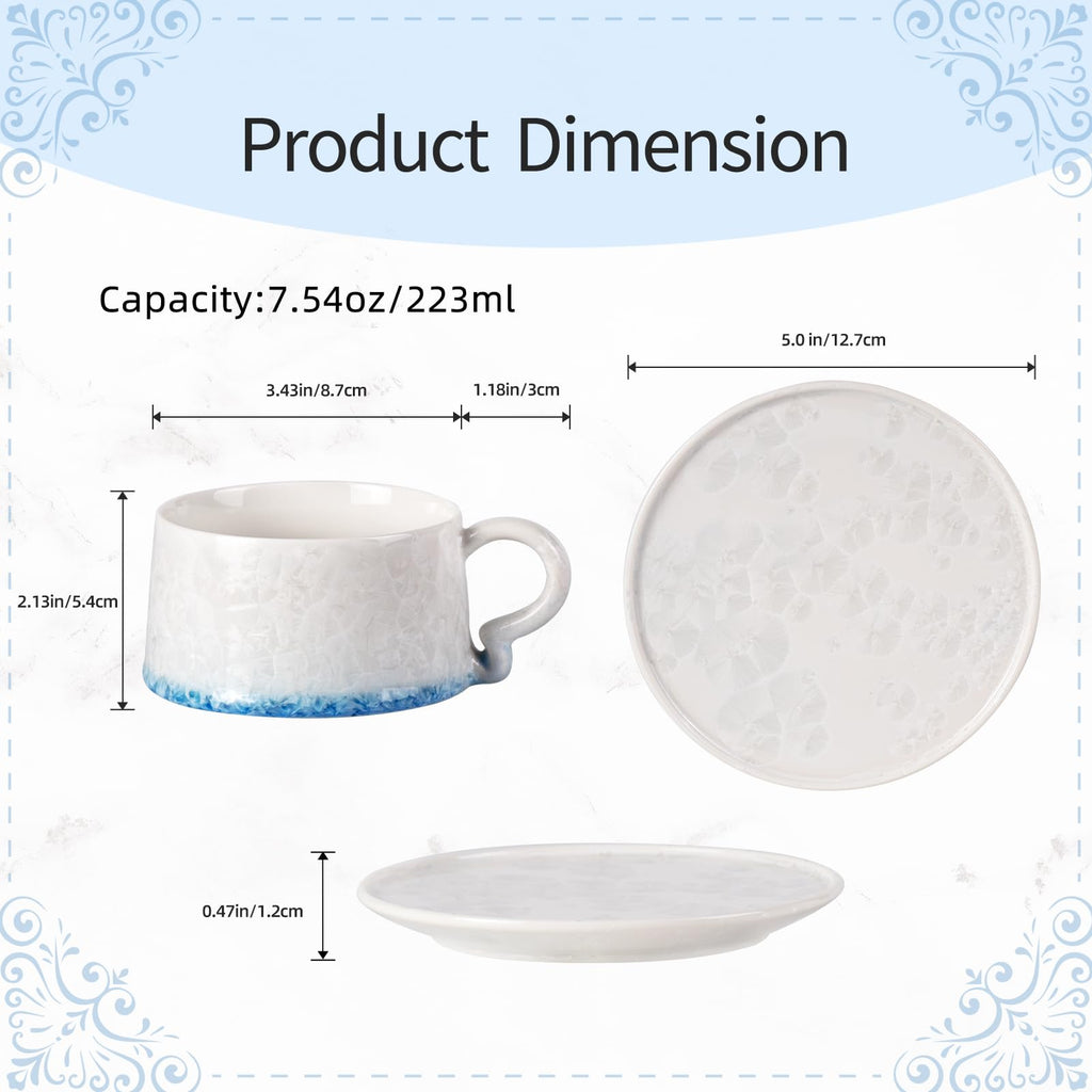 KAMMAK Tea Cups and Saucers Set of 2, 7.5 oz Glaze Coffee Mugs, 724N