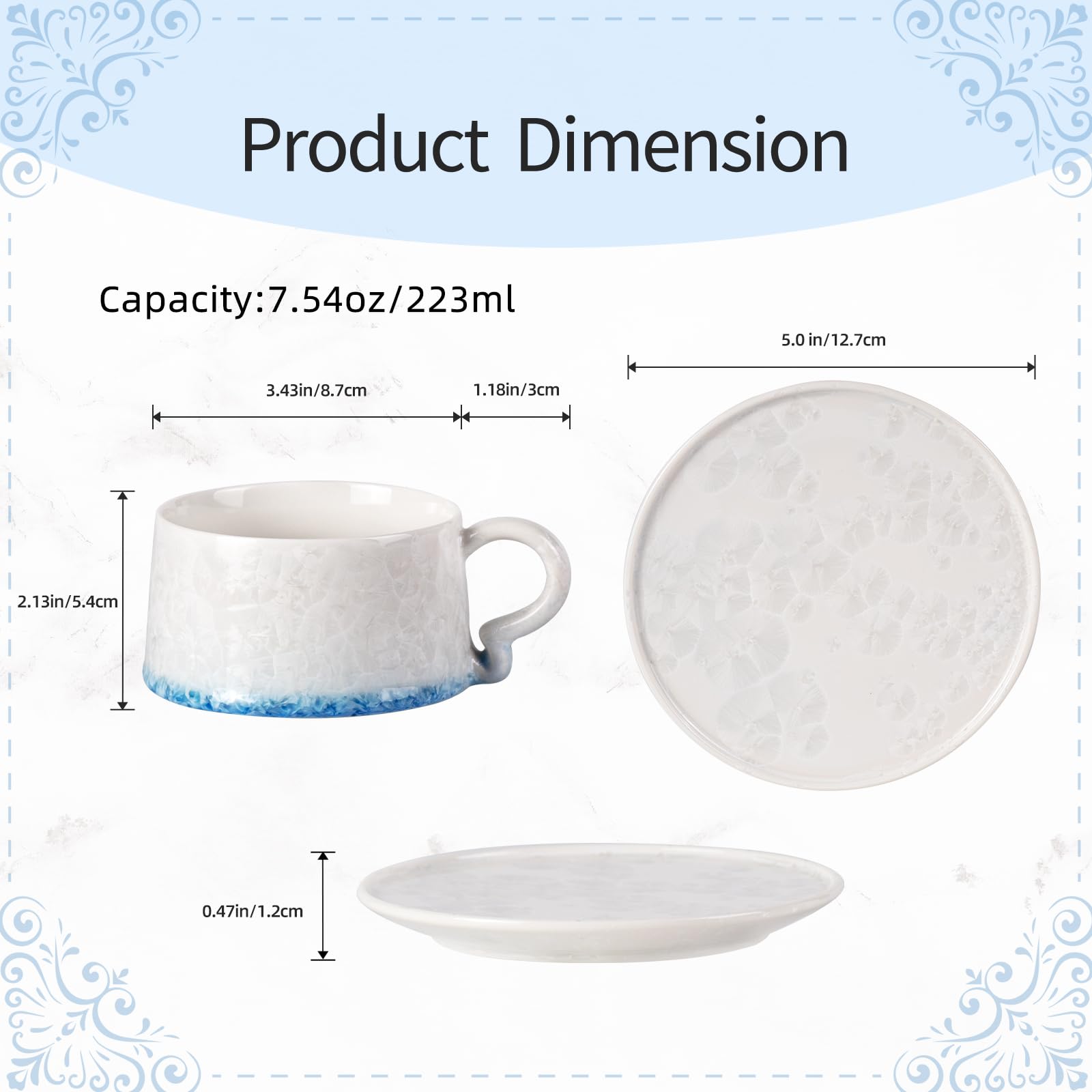 KAMMAK Tea Cups and Saucers Set of 2, 7.5 oz Glaze Coffee Mugs, 724N