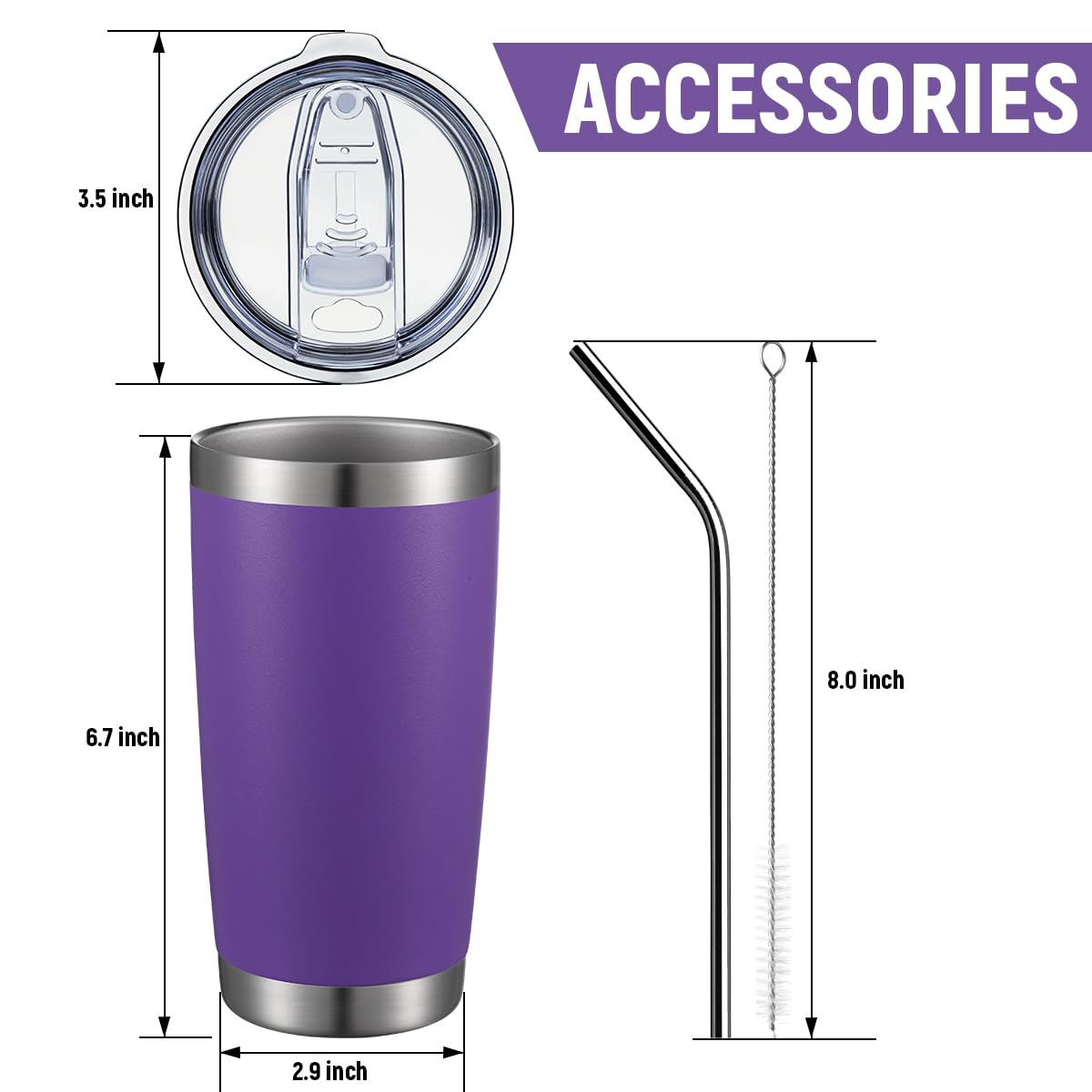 COMOOO 20oz Double Wall Vacuum Insulated Travel Mug, Stainless Steel Tumbler with Lid and Straw for Women Durable Powder Coated Insulated Coffee Cup for Cold & Hot Drinks(Purple, 1 Pack)