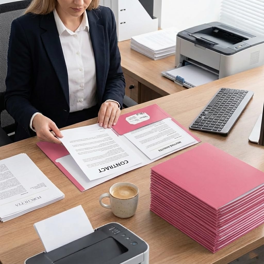 Zzrywuty File folders with Pockets,Pink Two folders for documents,25 Pack Paper Folders with Card Slot,Letter Size,School Students,Business,Home and Office Workers