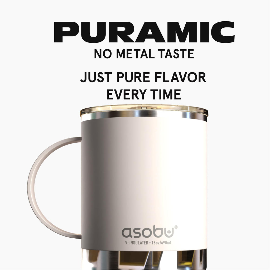 asobu Ultimate Ceramic Travel Mug, 12oz Insulated Stainless Steel Coffee Cup with Handle & Splash-Resistant Lid, Ceramic Lined for Pure Taste, BPA-Free, Double-Wall Vacuum for Hot Drinks