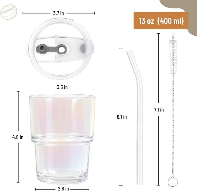 13 oz Glass Tumbler with Glass Straw and Lid, Leak-Proof Reusable Travel Cup for Iced Coffee, Tea, Matcha, Fruit Juice – Thick Wall Clear Water Bottle (Amber & Iridescent Shimmer, 2 Pack)