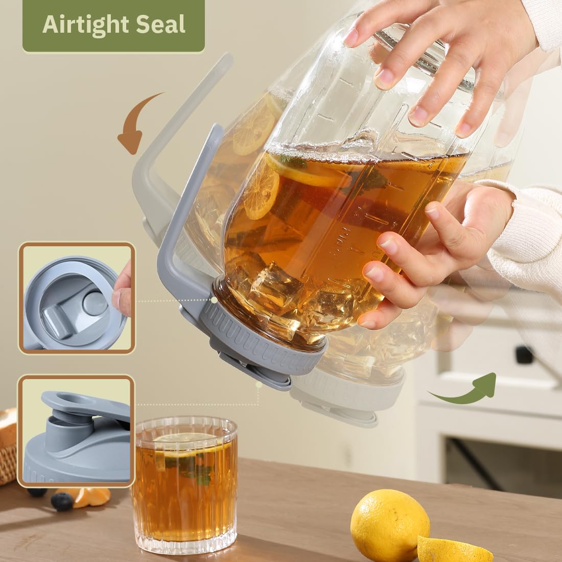 Naivees Glass Tea Pitcher with Wide Mouth Airtight Lid Leak Proof Fridge Container with Gray Lid Mason Jar for Water, Tea,Juice and Drinks (2 Pack-64OZ)