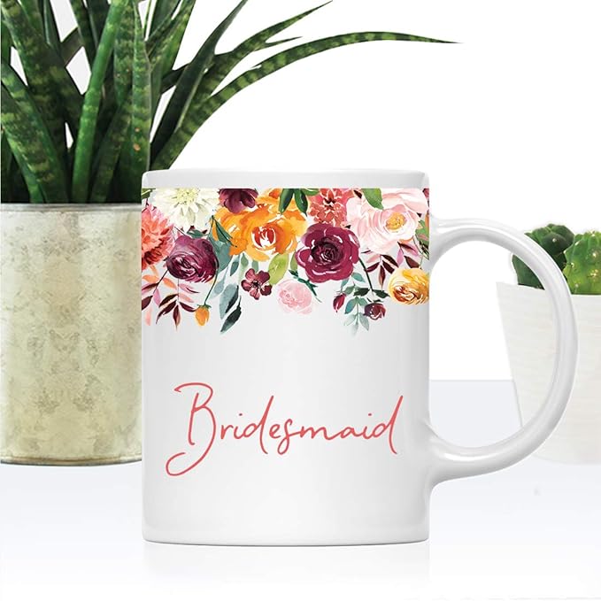 Andaz Press 11oz. Wedding Ceramic Coffee Tea Mug Gift, Fall Autumn Burgundy Orange Peach Flowers Roses Florals, Bridesmaid, 1-Pack, Includes Gift Box