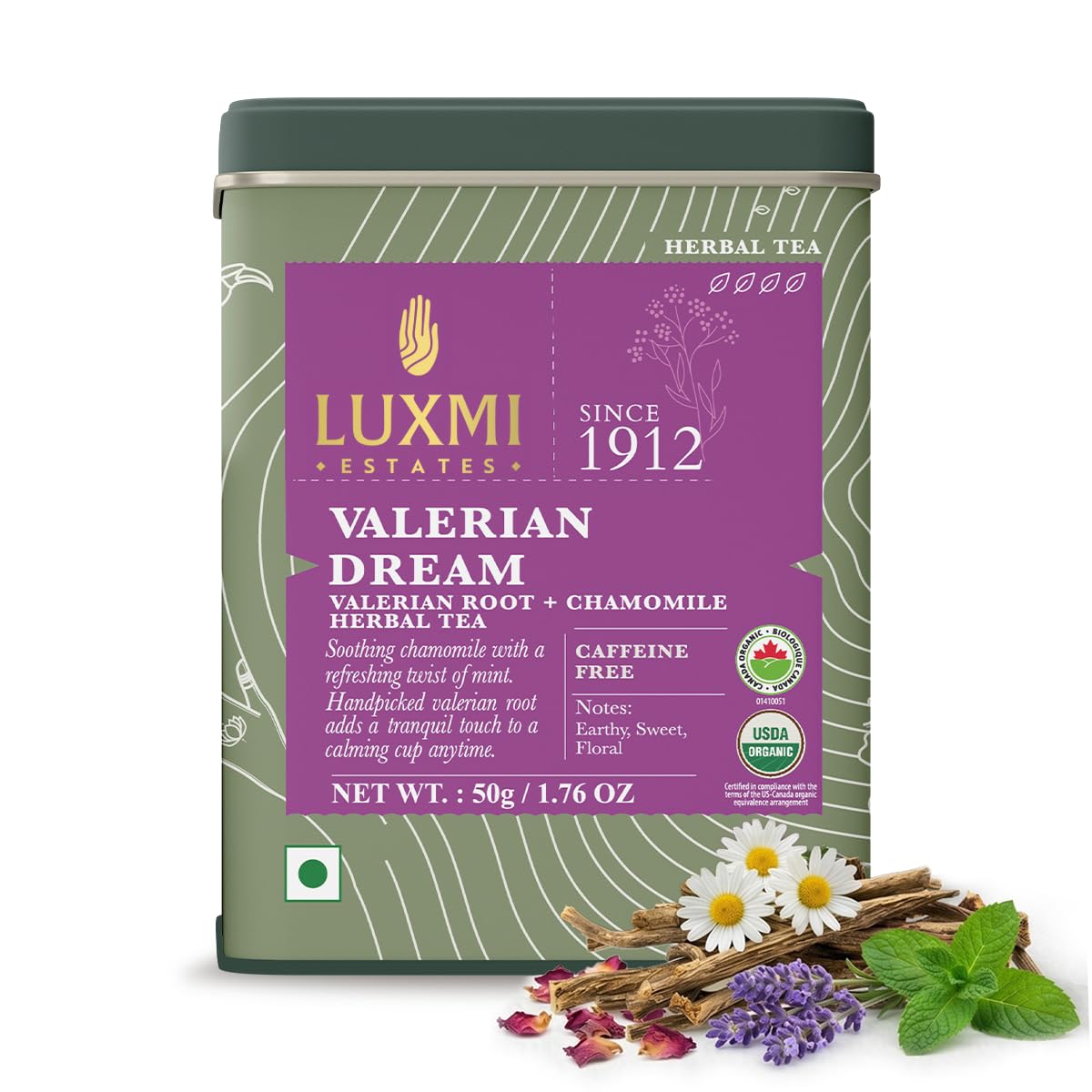 Luxmi Estates Valerian Dream Tea | 25 Pyramid Tea Bags (50g, 1.76oz) | USDA Organic Five-Herb Blend with Valerian Root, Chamomile, Lavender, Rose Petals & Peppermint | Caffeine-Free, Vegan