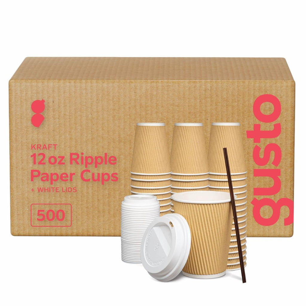 GUSTO [12 oz. - 500 Count Insulated Kraft Ripple Paper Hot Cups, Disposable Coffee Cups With Lids - Ideal for Hot Beverages, Travel, and Office Use (Formerly Comfy Package)
