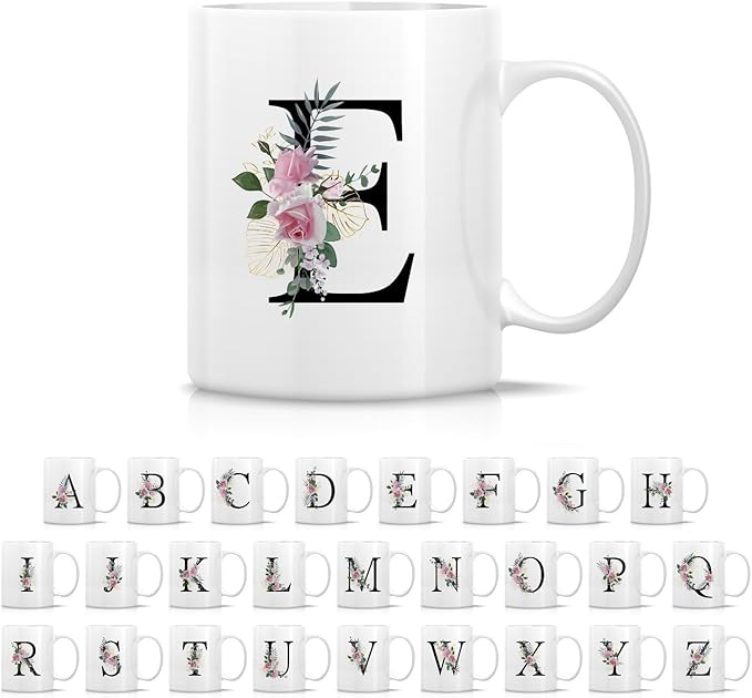 Retreez Initial A-Z Floral Botanical Bouquet Alphabet Monogrammed Monogram Mug 11 Oz Ceramic Tea Coffee Mugs - Appreciation Thank You Wedding Birthday Gifts for her friend coworker sister - E Initial