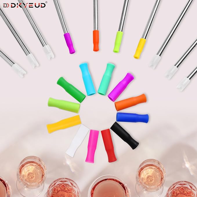 24PCS Food-Grade 12 Colors Metal Straws Reusable Silicone Tips,Silicone Base Sleeve,Only Fit Diameter 0.32In- 8mm Stainless Steel Straws,BPA Free, Eco-Friendly