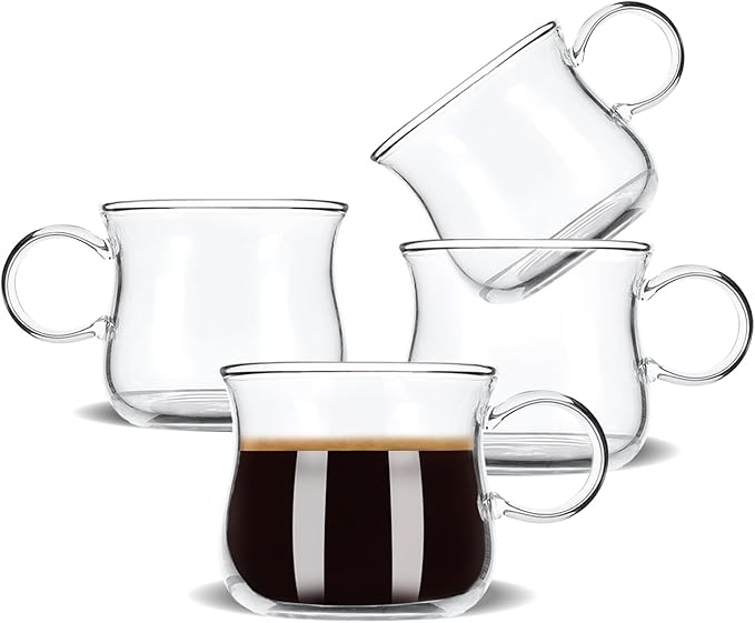 BOILMERIT Espresso Cups Set of 4, 5 oz Small Shot Glasses with Handle, Clear Demitasse Mugs for Double Espresso or Tea, Coffee Machine Accessories