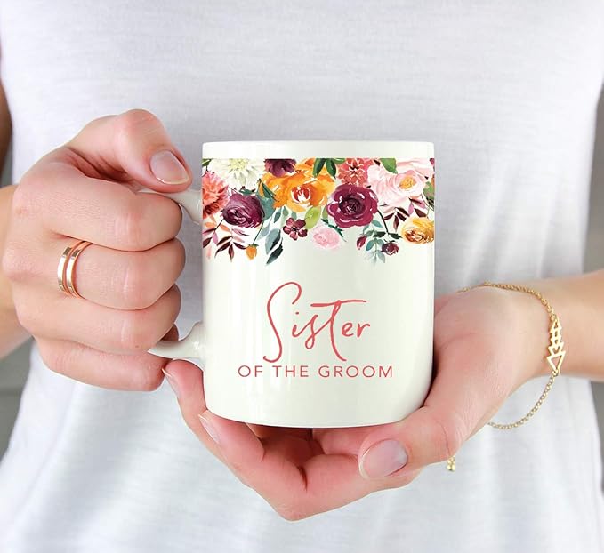 Andaz Press 11oz. Wedding Ceramic Coffee Tea Mug Gift, Fall Autumn Burgundy Orange Peach Flowers Roses Florals, Sister of the Groom, 1-Pack, Includes Gift Box