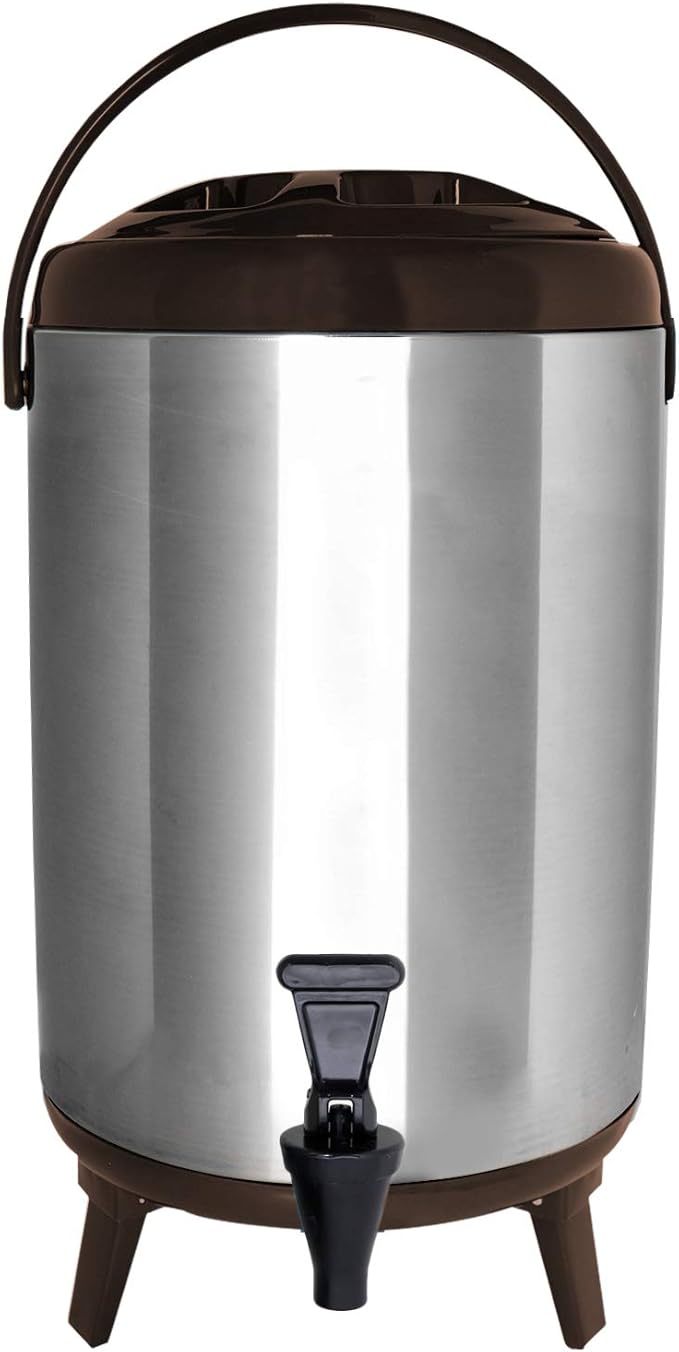 Stainless Steel Insulated Beverage Dispenser – Insulated Thermal Hot and Cold Coffee Carafe – 8 Liter Drink Dispenser with Spigot for Hot Water, Tea & Coffee, Cold Milk, Juice & More BROWN…