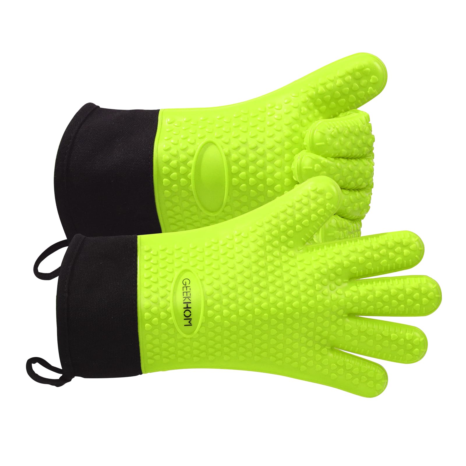 GEEKHOM BBQ Gloves Heat Resistant Oven Mitts - Silicone Grilling Gloves with 13.7" Arm Protection - Waterproof Pot Holder Non-Slip for Men & Women, Kitchen Outdoor Cooking, Baking, Camping, Green
