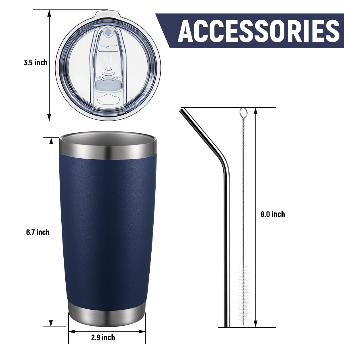 COMOOO 20oz Double Wall Vacuum Insulated Travel Mug Bulk Stainless Steel Tumbler with Lid and Straw Durable Powder Coated Insulated Coffee Cup for Cold & Hot Drinks (Navy, 12 pack