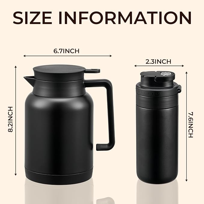 JXXM 2 Pack 49oz Thermal Coffee Carafe and 15oz Insulated Water Bottle, Stainless Steel Vacuum Thermal Carafes and Water Bottle for Keeping Coffee, Tea, Water - Keep 12 Hours Hot, 24 Hours Cold