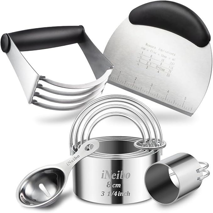 iNeibo Professional Baking Tools Biscuit Cutter Set Dough Blender/Cutter Round Cookies Cutter with Handle + Pastry Scraper+Egg Separator Heavy Duty Baking Dough Tools Pastry Utensils (Baking Tools)