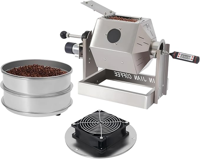 3.8L/3.45QT Coffee Roaster, Stainless Steel Coffee Bean Roaster with Cooler, 6 & 40 Mesh Sieves, Speed Controller, Thermometer, Drum Type Nuts Baker for Home and Commercial Use