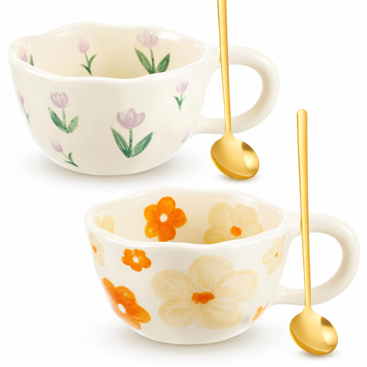 Vesici 2 Pack Floral Tea Cup Set with Spoon Ceramic Flower Mugs, Charming
