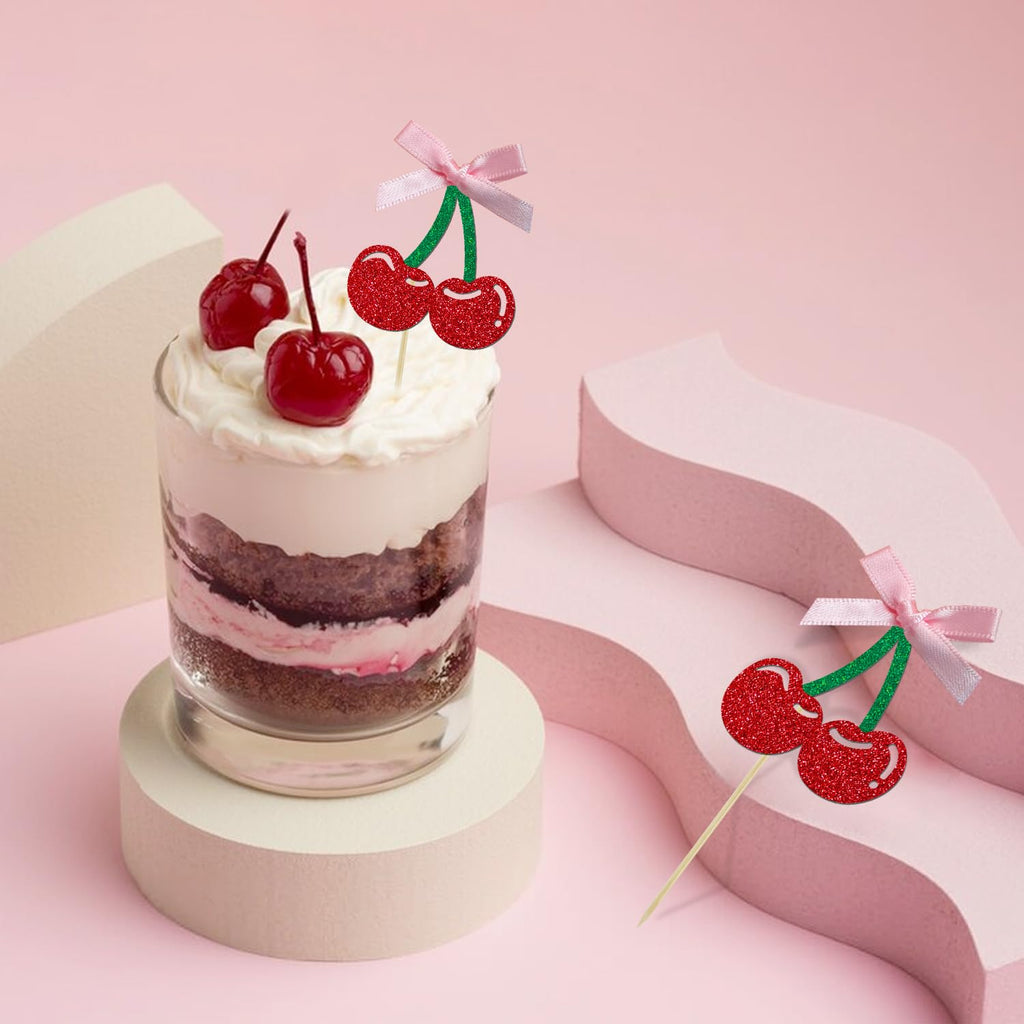 24 Pack Cherry Cupcake Toppers, Glitter Sweet Cherry Cupcake Pick