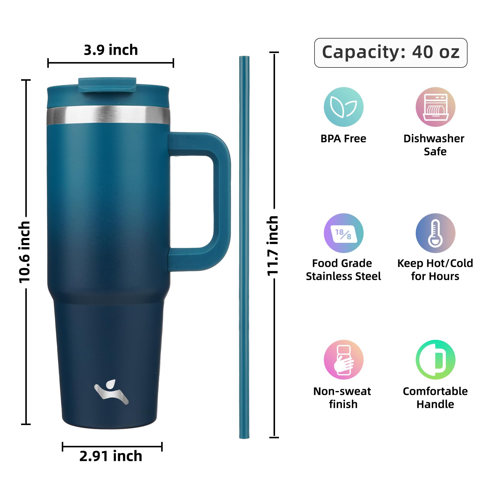 Konokyo 40 oz Insulated Tumbler Water Bottle with Handle, Straw Lid