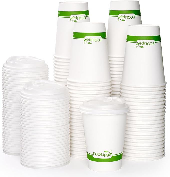 ECOLipak 100 Count 16 oz Compostable Paper Coffee Cups with CPLA Lid