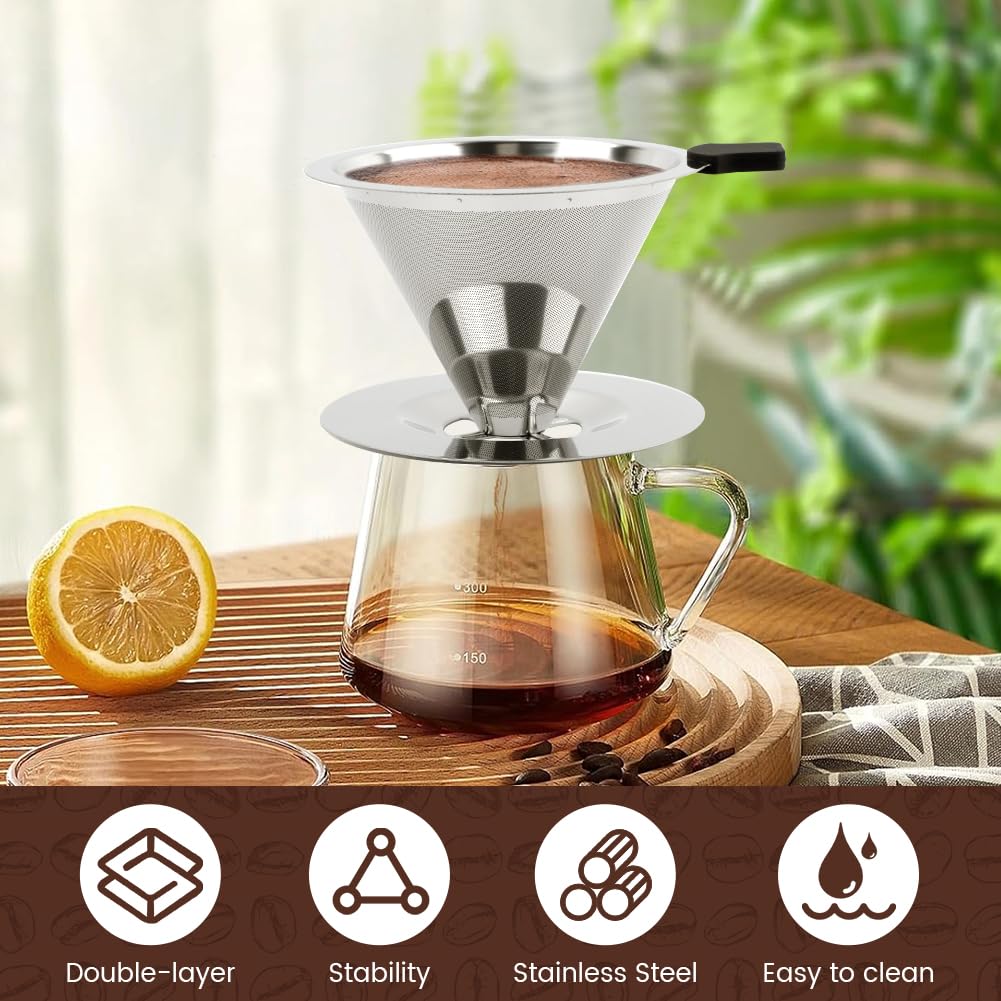 Pour Over Coffee Dripper with Cleaning Brush, Stainless Steel Cone Coffee Filter Fine Mesh Double Layer, Paperless Reusable Coffee Filter, Drip Cone Brew Coffee Strainer(SIZE:Small)