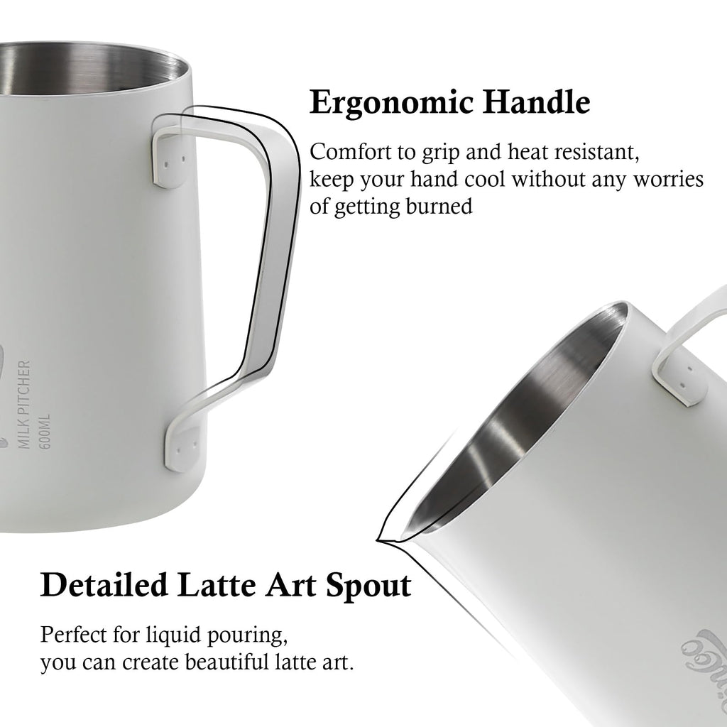Milk Frothing Pitcher - 600ml/20oz Milk Frother Cup Espresso Steaming Pitcher for Barista, Bincoo SUS304 Stainless Steel Espresso Steaming Pitchers for Latte Art/Cappuccino/Coffee/Milk (White-600ml)