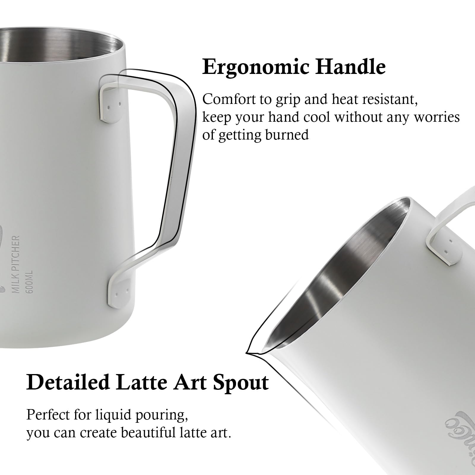 Milk Frothing Pitcher - 600ml/20oz Milk Frother Cup Espresso Steaming Pitcher for Barista, Bincoo SUS304 Stainless Steel Espresso Steaming Pitchers for Latte Art/Cappuccino/Coffee/Milk (White-600ml)
