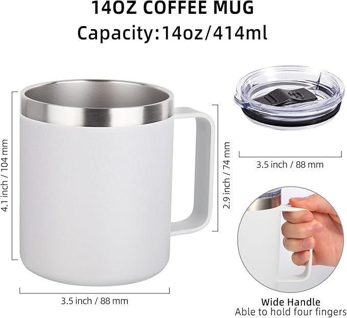 Volhoply 14oz Insulated Stainless Steel Coffee Mug with Lid Bulk 2 Pack,Double Wall Vacuum Travel Coffee Cup with Handle,Reusable Cups Tumbler Cup,Camping Mugs Keep Hot,Ideal Gifts(Assorted,2)