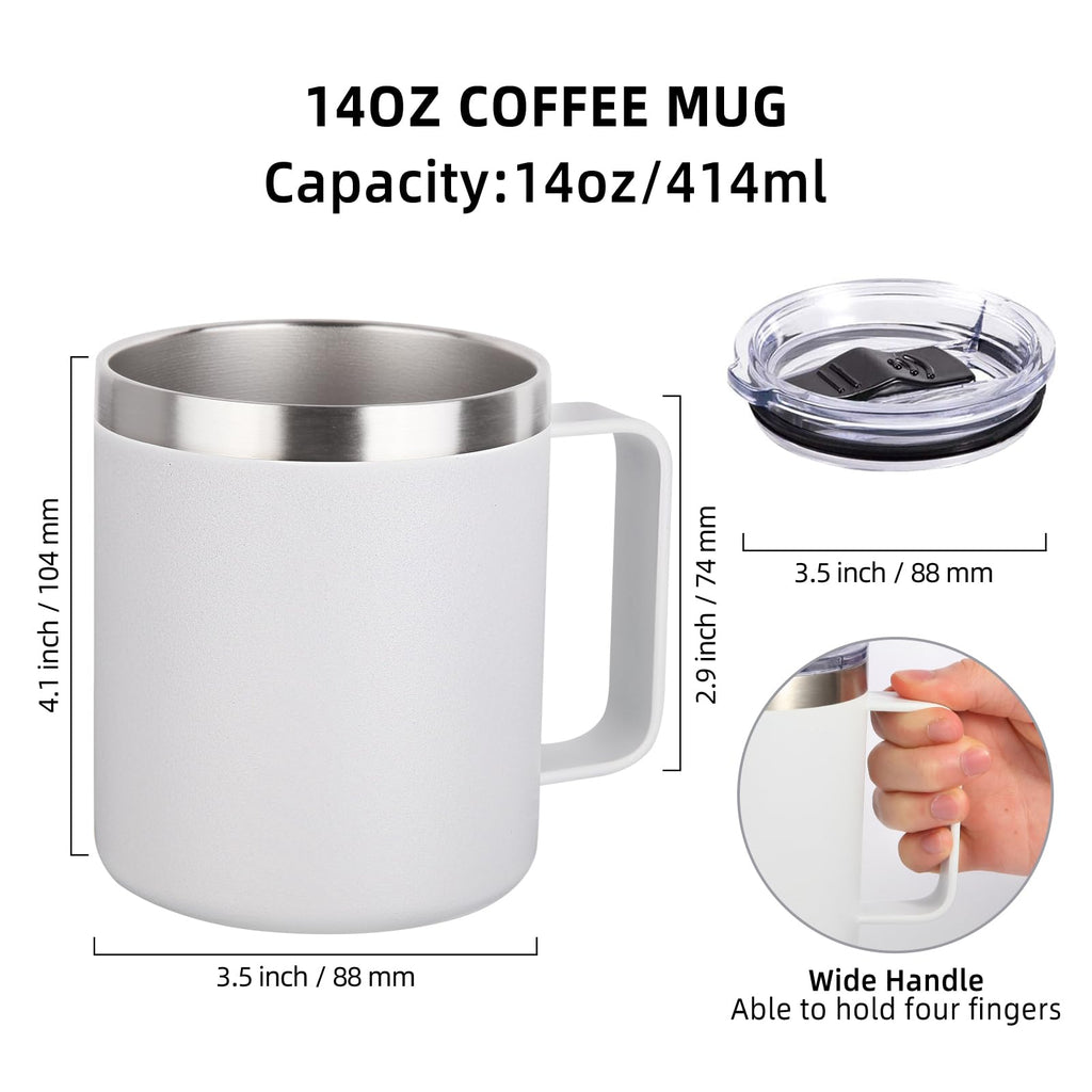 Volhoply 14oz Insulated Stainless Steel Coffee Mug with Leakproof Lid,Double Wall Vacuum Travel Coffee Cup with Handle,Reusable Metal Cups Tumbler,Camping Mugs Keep Hot/Cold,Ideal Gifts(White,1)