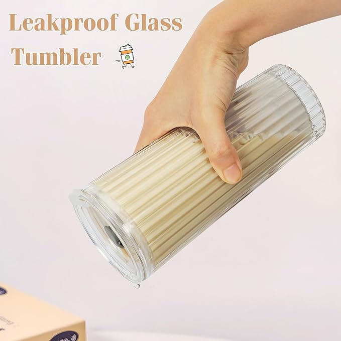 18oz Ribbed Glass Tumbler with Lid and Straw Set of 2: Leak-Proof Drinking Glasses to Go, Reusable Iced Coffee Cups for Cold Drinks, Juice, Smoothie, Glass Cups with Stylish Ribbed Design