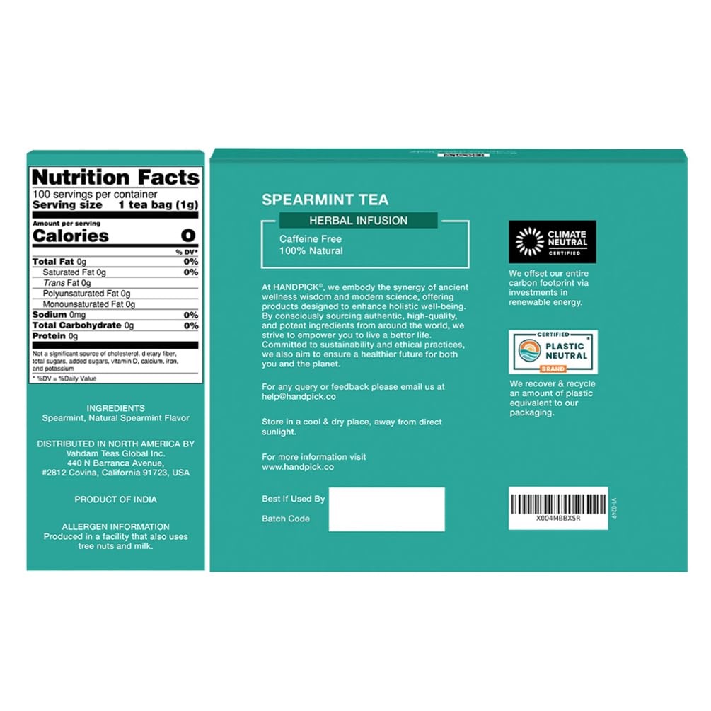 HANDPICK, Spearmint Tea Bags (100 Herbal Tea Bags) |Refreshing Mint Tea | Non-GMO | Round Eco-Conscious Teabags