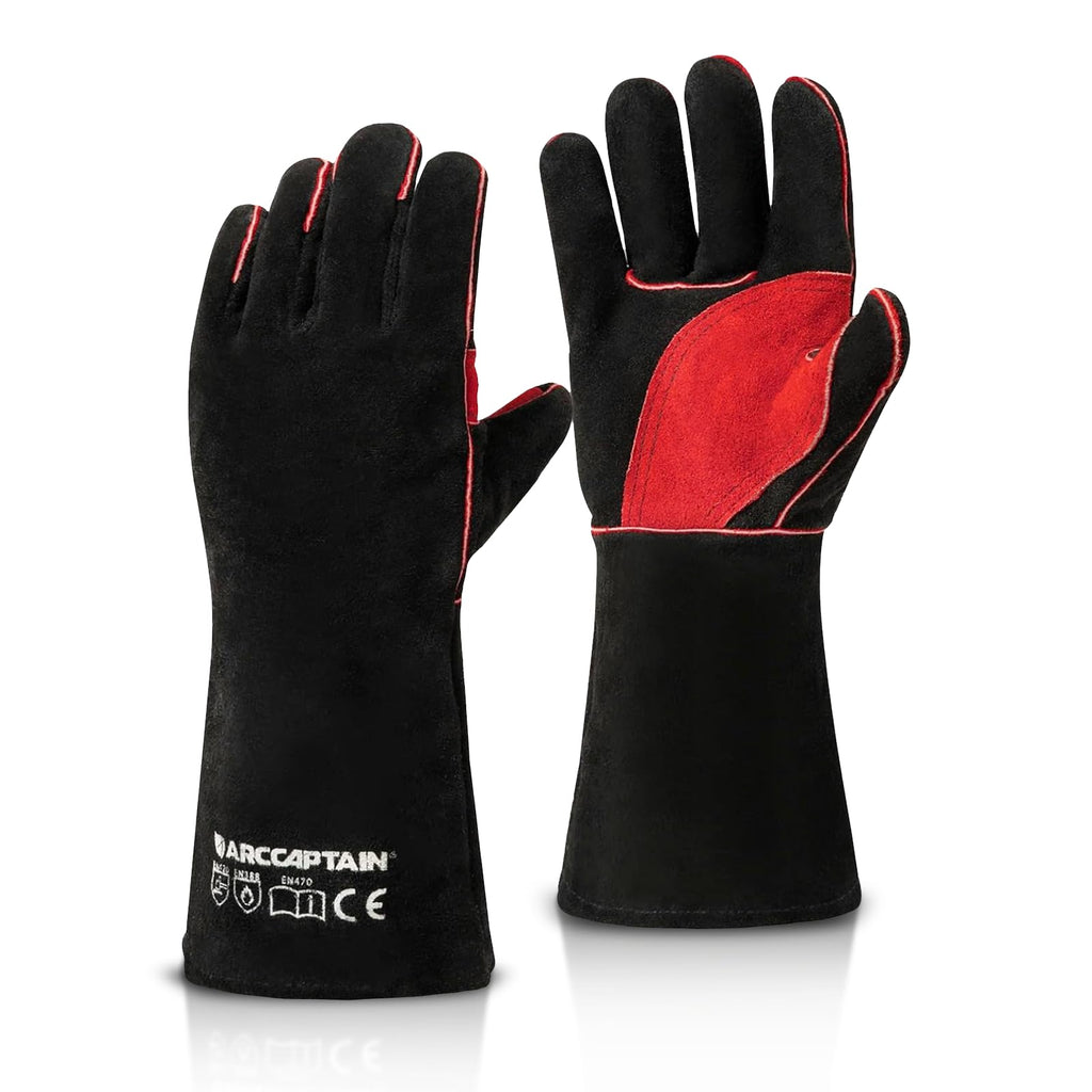 ARCCAPTAIN Leather Welding Gloves for Men & Women, 16 Inches, Black-Red, L