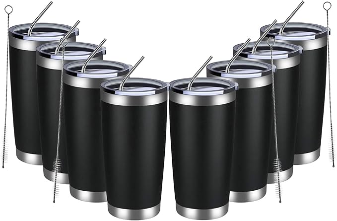 MEWAY 20oz Tumbler 8 Pack Double Wall Vacuum Insulated Travel Mug Bulk, Stainless Steel Tumblers with Lid and Straw, Durable Powder Coated Coffee Cups for Cold & Hot Drinks (Black, 8)