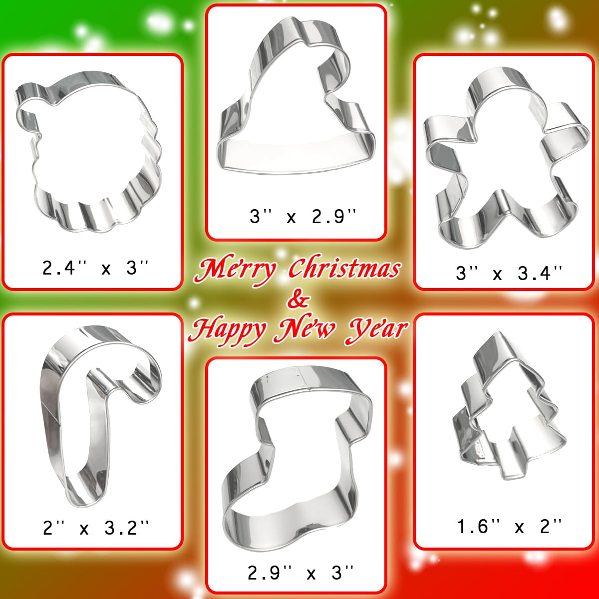 Kanehosi Christmas Cookie Cutters Large 6Pcs, Metal Christmas Hat Socks Candy Canes Santa Claus Ginger Man Mini Tree Shapes Cookie Cutters, 430 Stainless Steel Biscuit Fondant Doubt Cutter