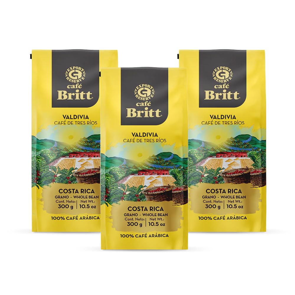Café Britt® - Costa Rican Tres Rios Valdivia Coffee (10.5 oz.) (3-Pack) - Whole Bean, Arabica Coffee, Kosher, Gluten Free, 100% Gourmet & Medium Light Roast