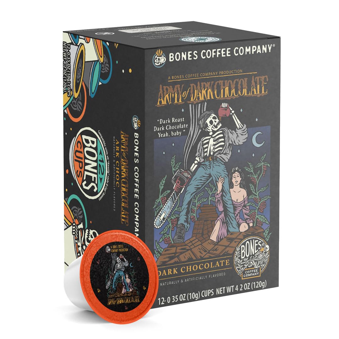 Bones Coffee Company Army of Dark Chocolate Flavored Coffee Pods, Low Acid Dark Roast Single-Serve Bones Cups, Compatible with 1.0 & 2.0 K-Cups Brewers Coffee Maker, 12 Count