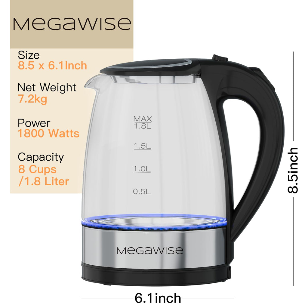 MEGAWISE 1.8L Electric Glass Kettle with Auto Shut-Off and Blue LED
