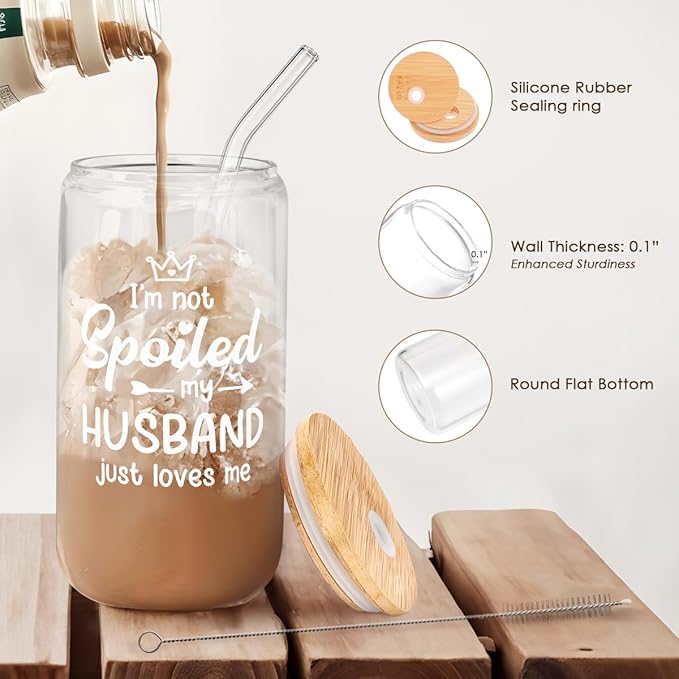 Wife 16 Oz Can Glass Tumbler with Bamboo Lid and Straw - Iced Coffee Cups for Women, Aesthetic Glass Cup Gift for Birthday Christmas Valentine's Day Mother's Day