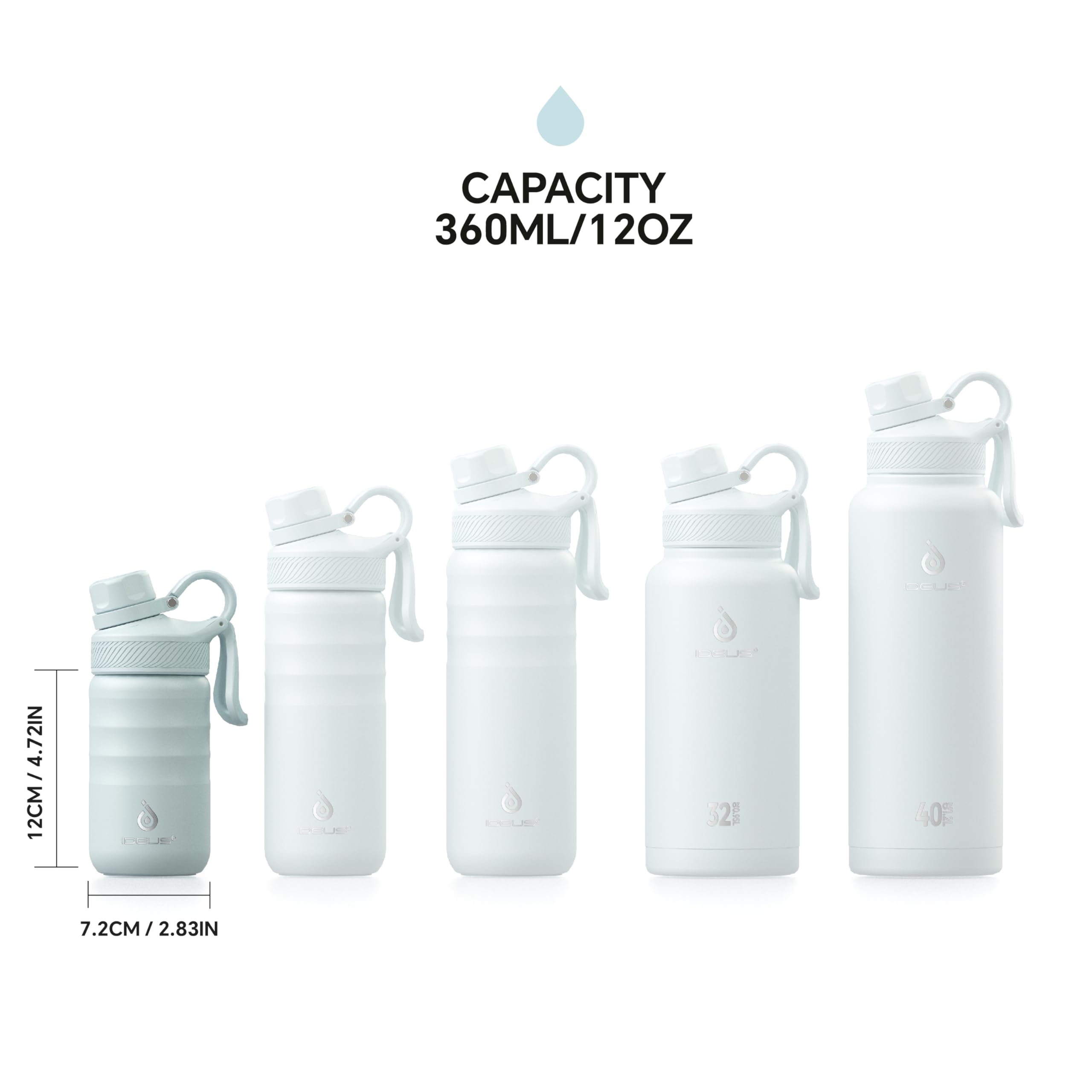 IDEUS Insulated Water Bottle 12oz, Stainless Steel Insulated Water Bottle For School, Insulated Bottles With Straws Leakproof, Vacuum Double Wall Water Bottles For Boys And Girls With 2 Lids, BPA Free