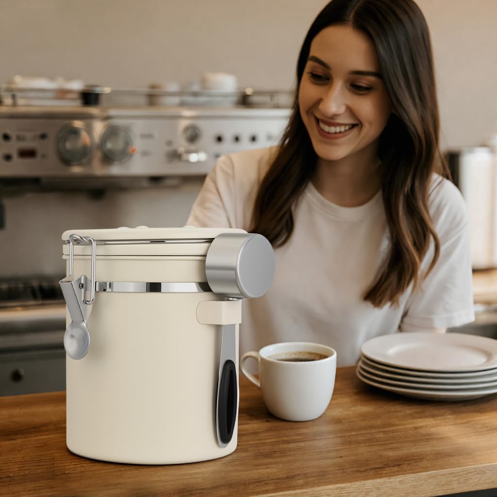 ShanSon Coffee Canister Airtight, Stainless Steel Bean Storage Container with Date Tracker & Scoop, Grounds Sugar Flour Tea Cereal Fits Kitchen Pantry, Ideal Gift for Coffee Lovers,16oz,Beige
