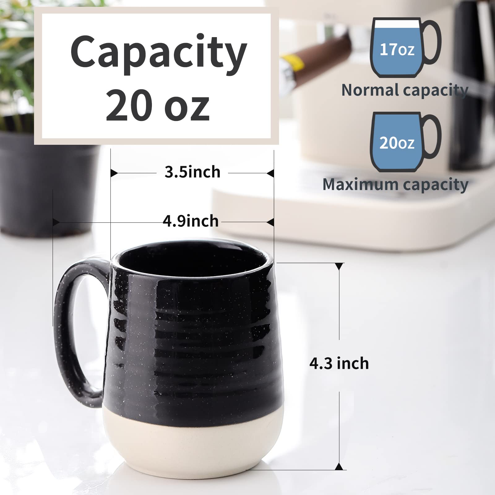 HASENSE Coffee Mugs Set of 2, 20 oz Coffee Cups Ceramic, Big Tea Cup with Comfortable Handle, Black Coffee Mug Set for Office and Home, Ideal for Latte Soup Tea Mike, Dishwasher Microwave Safe