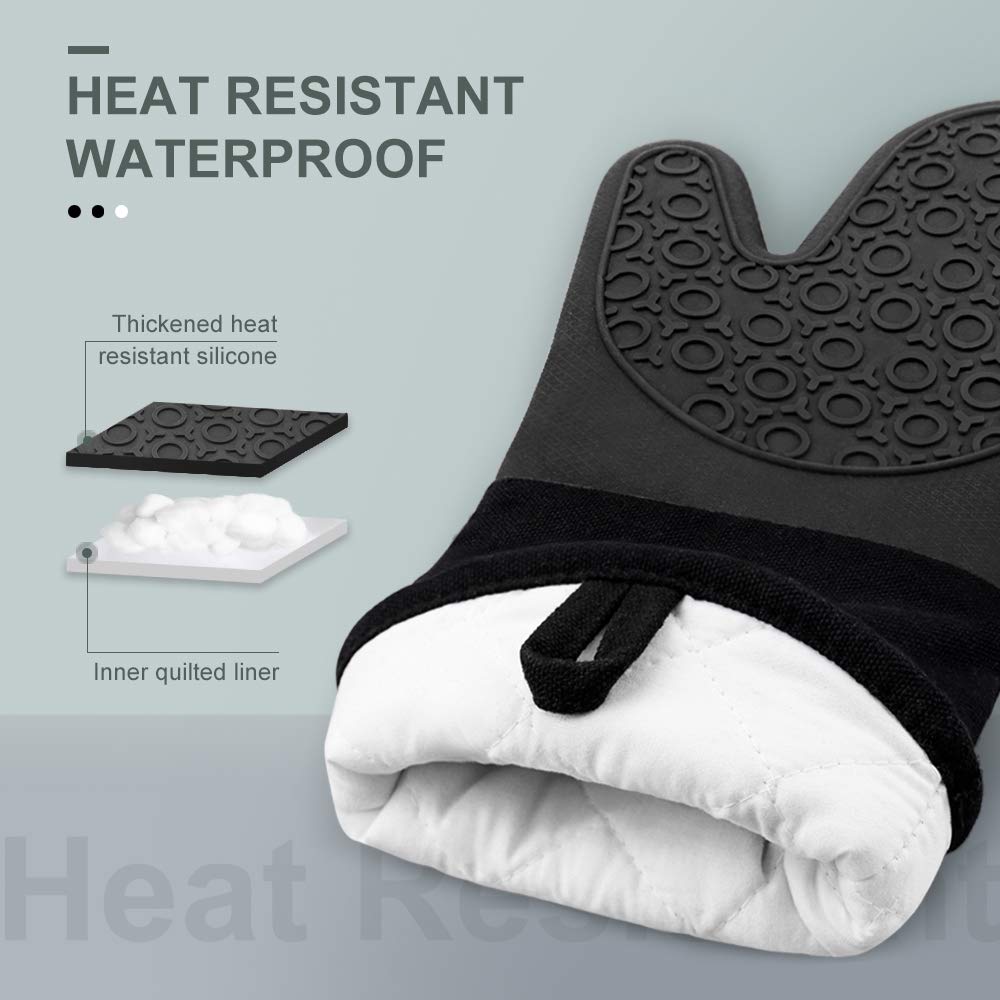 sungwoo Silicone Oven Mitts, Heat Resistant Oven Gloves with Quilted Liner Non-Slip Textured Grip Perfect for BBQ, Baking, Cooking and Grilling - 1 Pair 13.8 Inch Black