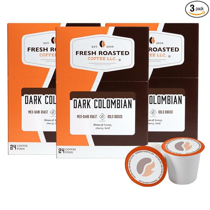 Fresh Roasted Coffee, Dark Colombian, Med-Dark Roast, 72 Pods for K Cup Brewers