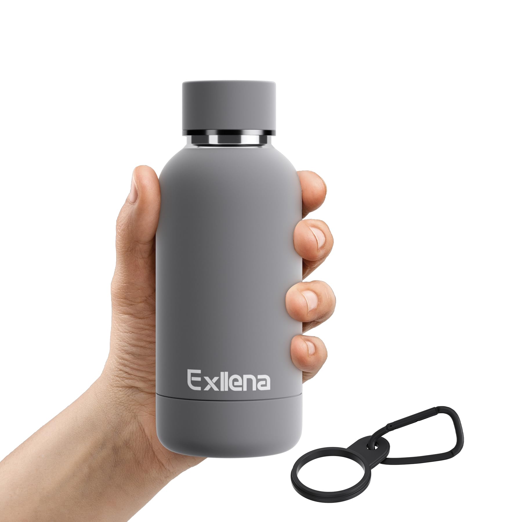 Exllena Small Water Bottle 12oz with Clip, Double Wall Stainless Steel Vacuum Small Insulated Water Bottle Keeps Drinks Cold 24 Hrs/Hot 12 Hrs for Kids Handbag School BPA Free (Grey)