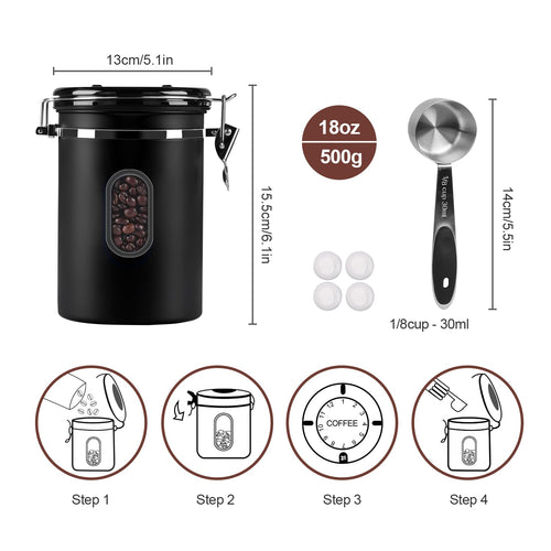 1500ML Airtight Coffee Canister with Date Tracker&Transparent Window, 18OZ Coffe Beans Storage with 30ML Measure Spoon&4 co2 Valve, Coffee Container for Grounds Coffee, Beans, Tea, Sugar, Flour(Black)