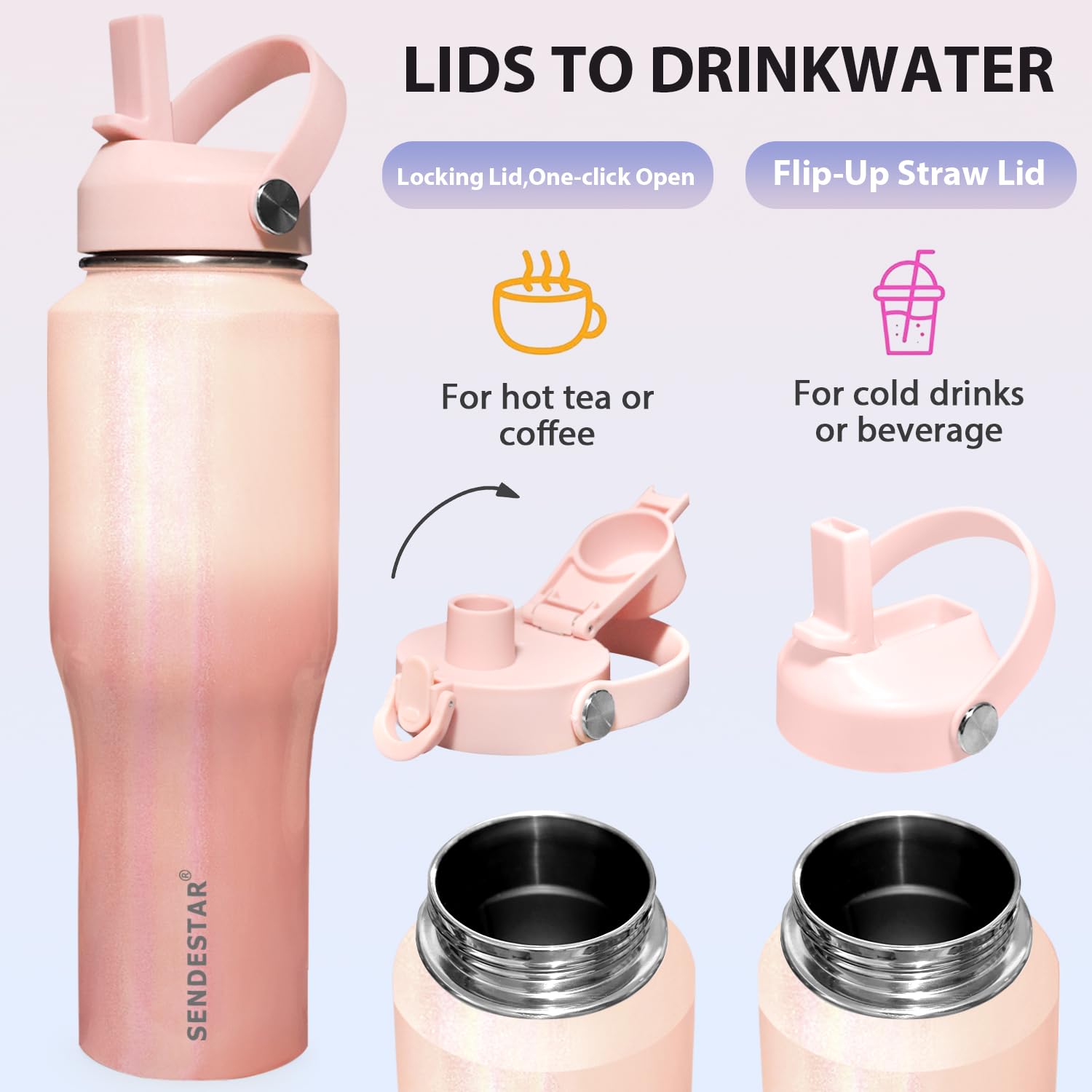SENDESTAR 40oz Stainless Steel Water Bottle(Cold for 48 Hrs, Hot for 24 Hrs),Double Wall Vacuum Insulated Bottle with Straw Lid, Spout Lid and Flex Cap, Fit in Any Car Cup Holder
