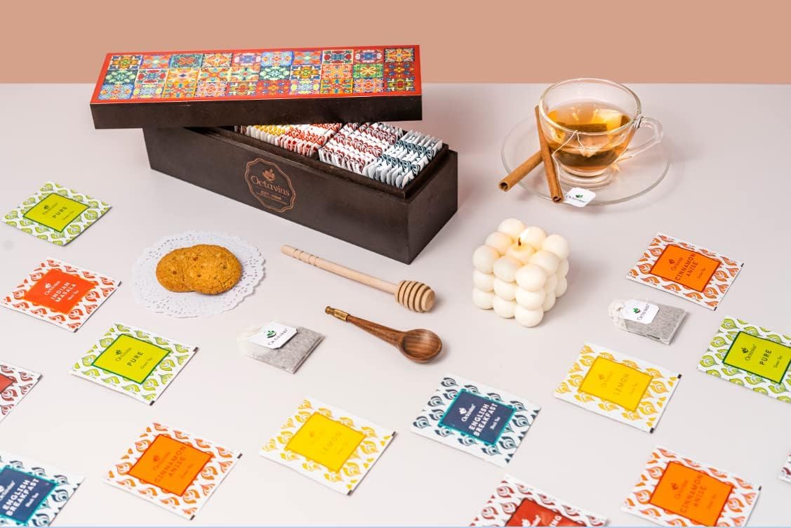 Octavius | Tile Motif Wooden Caddy Tea Sampler Pack | Assortment of 3 Black & 3 Green Teas | 30 Enveloped Double Chamber Tea Bags | Tea Sampler Variety Pack | Perfect for Tea Lovers | Pack of 1
