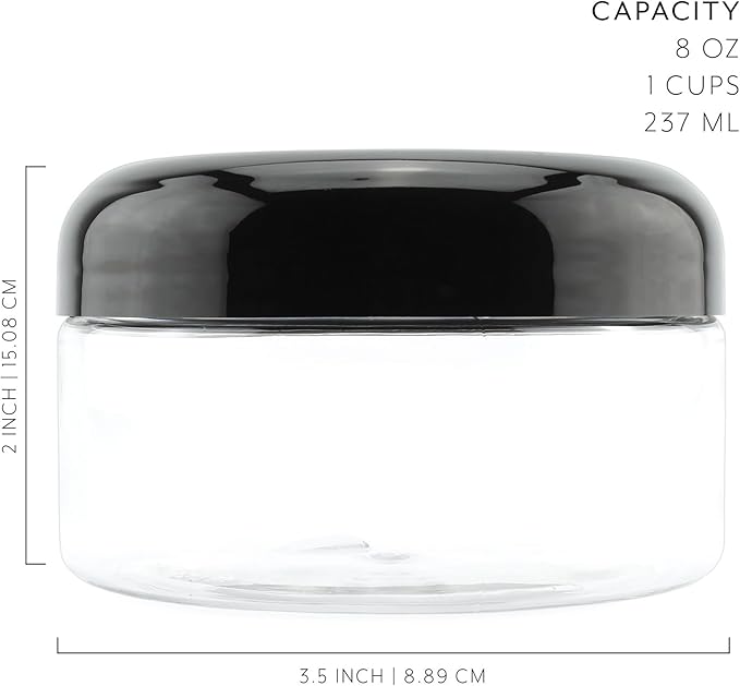 Cornucopia Brands 8oz Clear Plastic Jars w/Black Plastic Lids (6-Pack); BPA Free PET Stackable Containers for Bathroom & Kitchen Storage & Cosmetics
