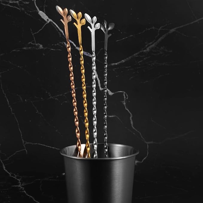 AnSaw Rose Gold 12-Inch Stainless Steel Cocktail Spoon with Leaf Handle - Perfect for Mixing & Layering Drinks in Tall Cups, Bar & Shakers - Durable Long Handle Bar Stirrer,2-Pieces